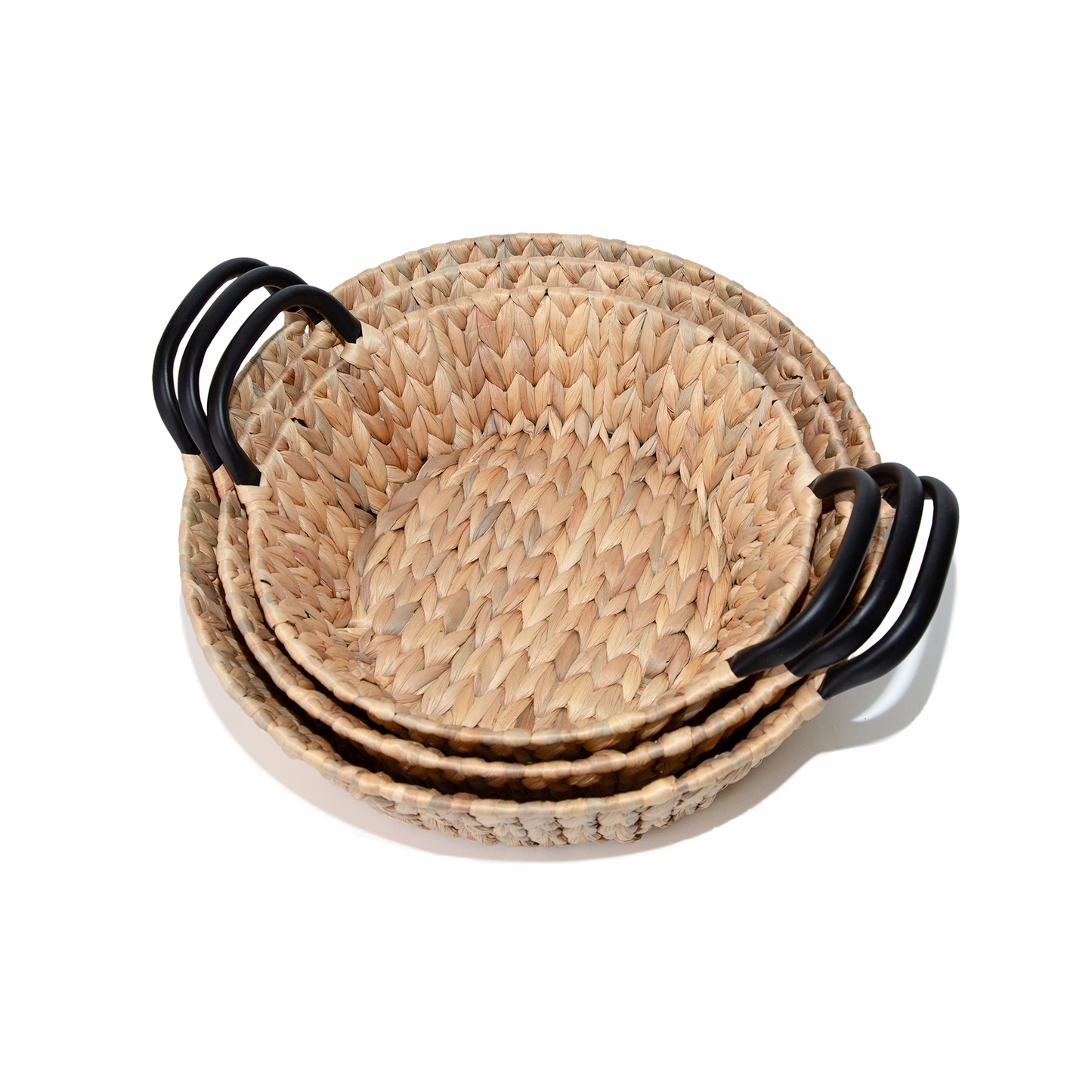 Water Hyacinth Round Basket Tray with Black Handle - 3 Sizes