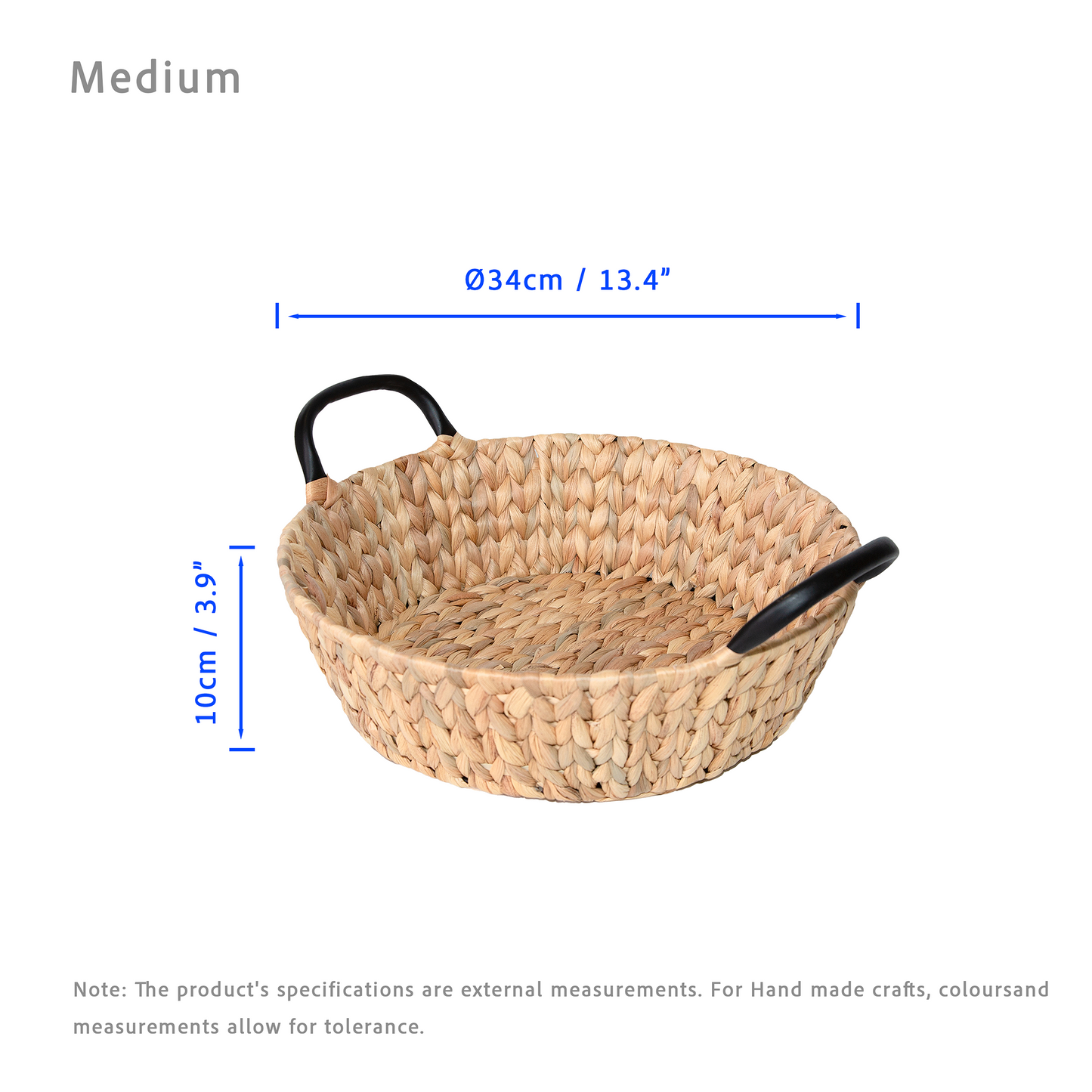 Water Hyacinth Round Basket Tray with Black Handle - 3 Sizes