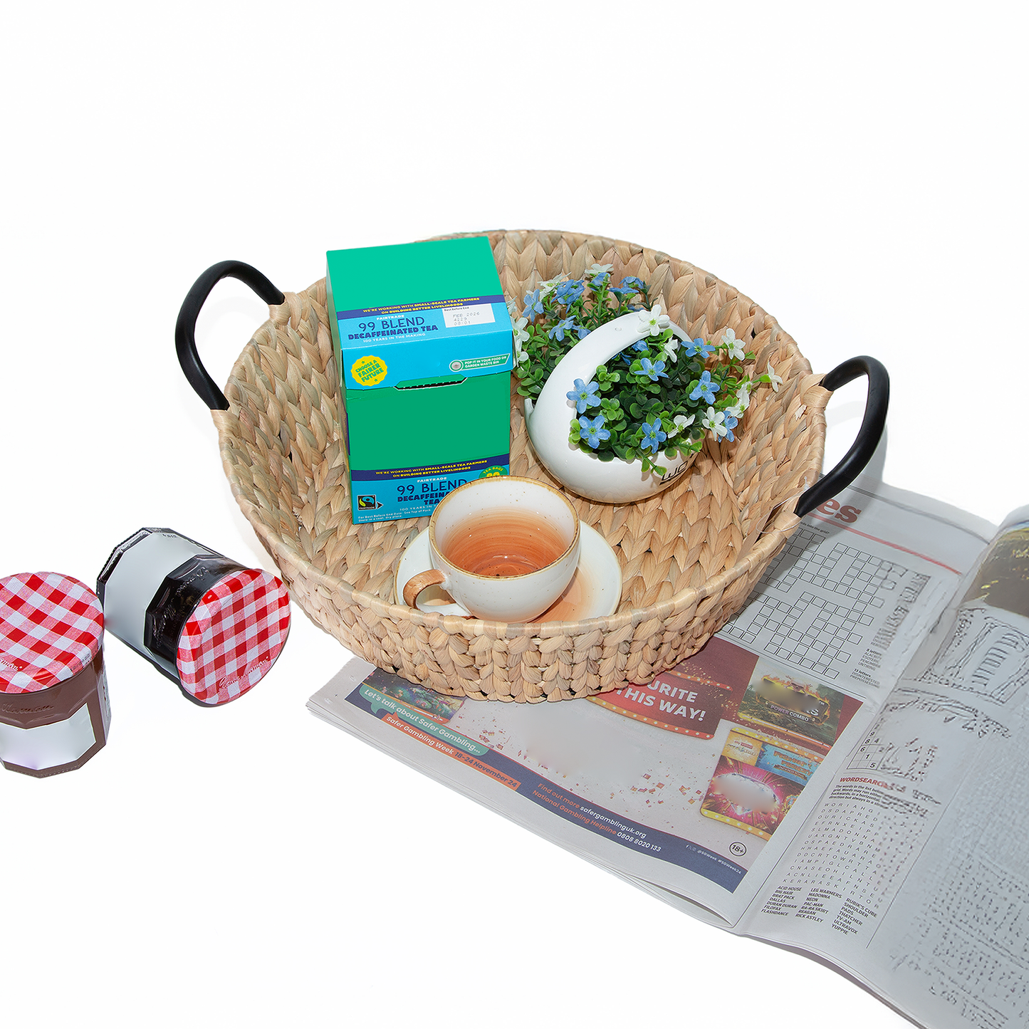 Water Hyacinth Round Basket Tray with Black Handle - 3 Sizes