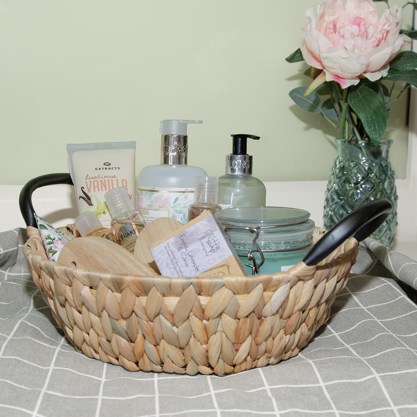 Water Hyacinth Round Basket Tray with Black Handle - 3 Sizes