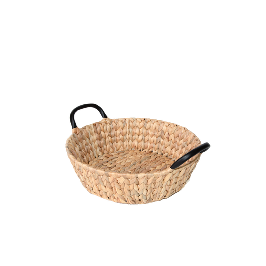 Water Hyacinth Round Basket Tray with Black Handle - 3 Sizes