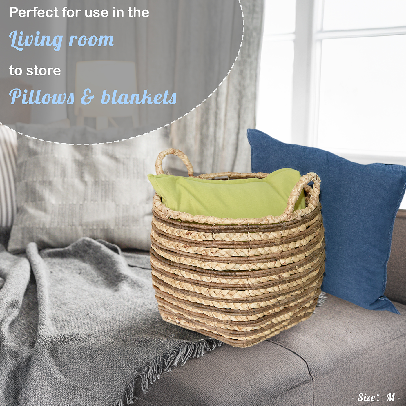 Water Hyacinth Two-Tone Blanket Basket with Handle - 3 Sizes