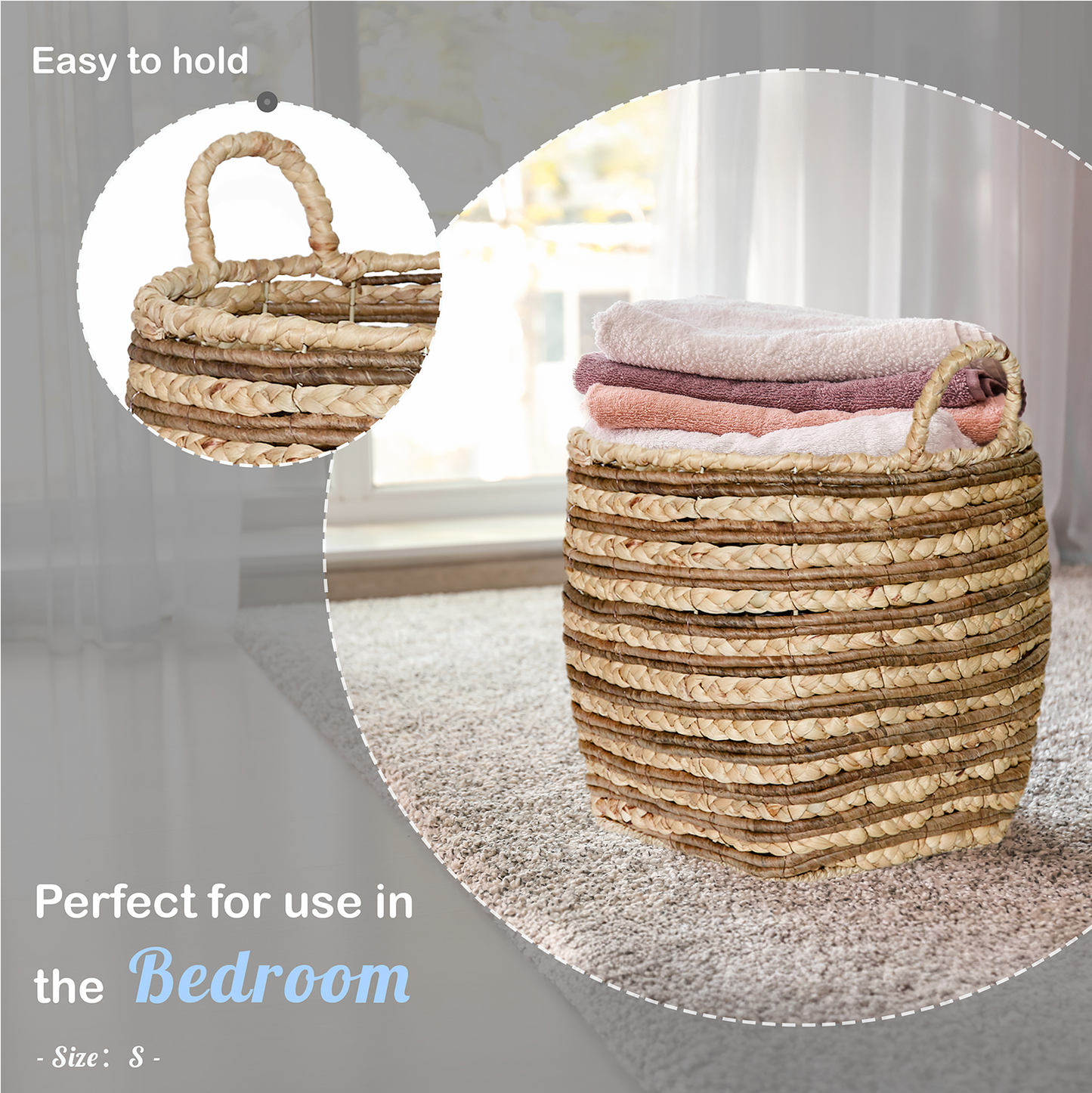Water Hyacinth Two-Tone Blanket Basket with Handle - 3 Sizes