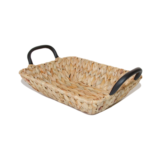 Water Hyacinth Rectangular Basket Tray with Black Handle