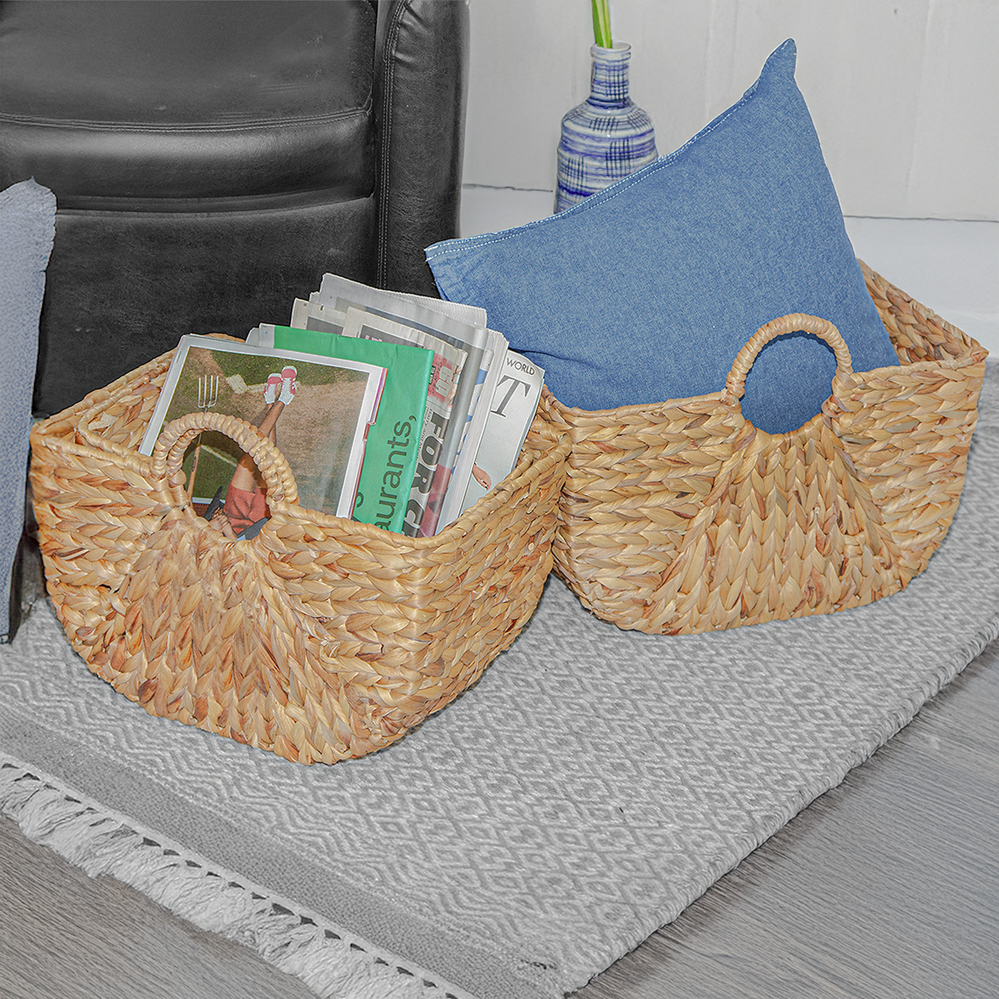 Water Hyacinth Woven Blanket Basket with Handle - 3 Sizes