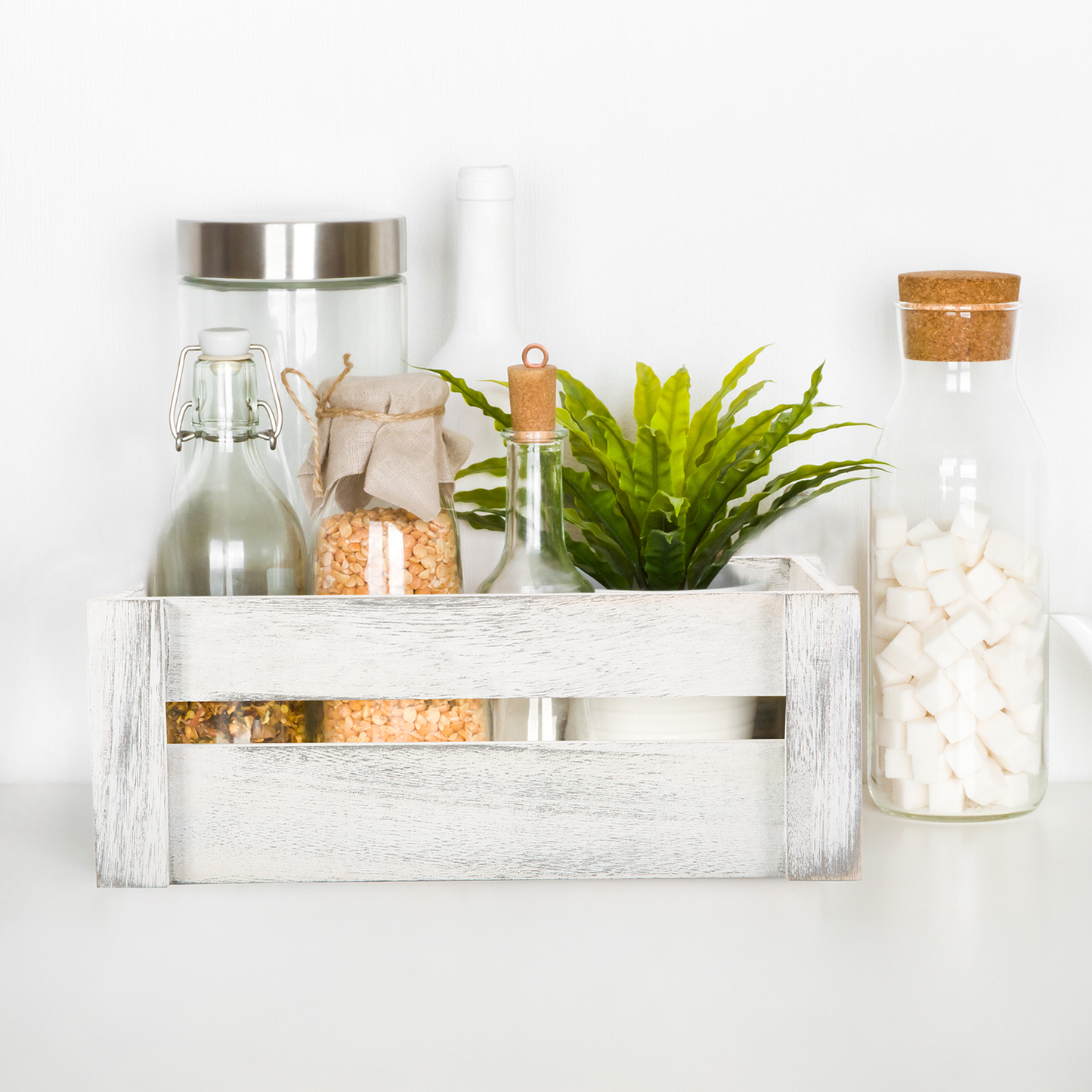 White Wash Wooden Crate with Handle - 3 Sizes