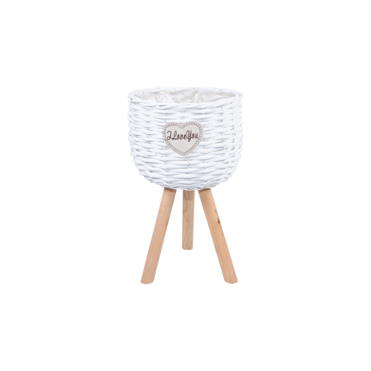 White Wicker Basket Plant Stand with Plastic Lining