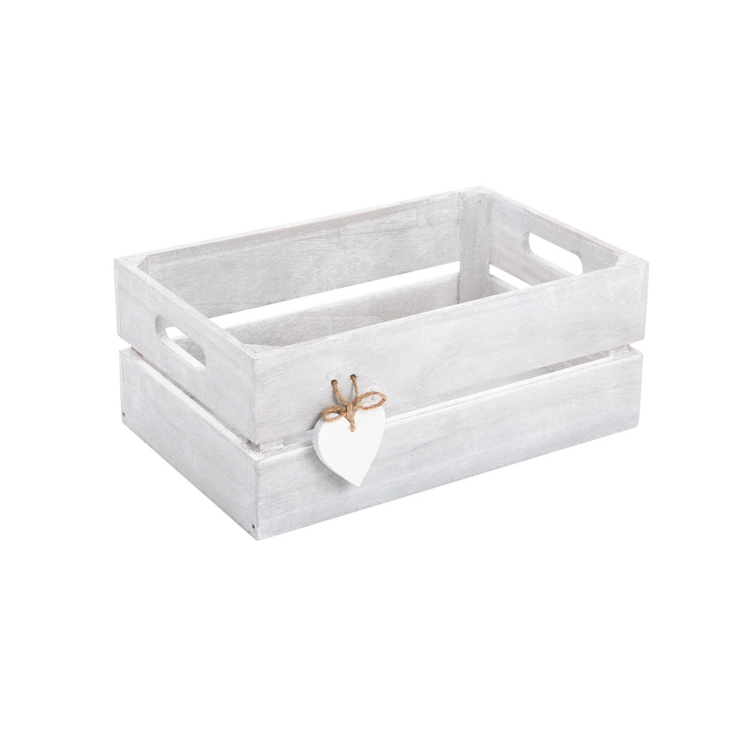 White Wash Wooden Crate with Heart Decoration - 2 Sizes