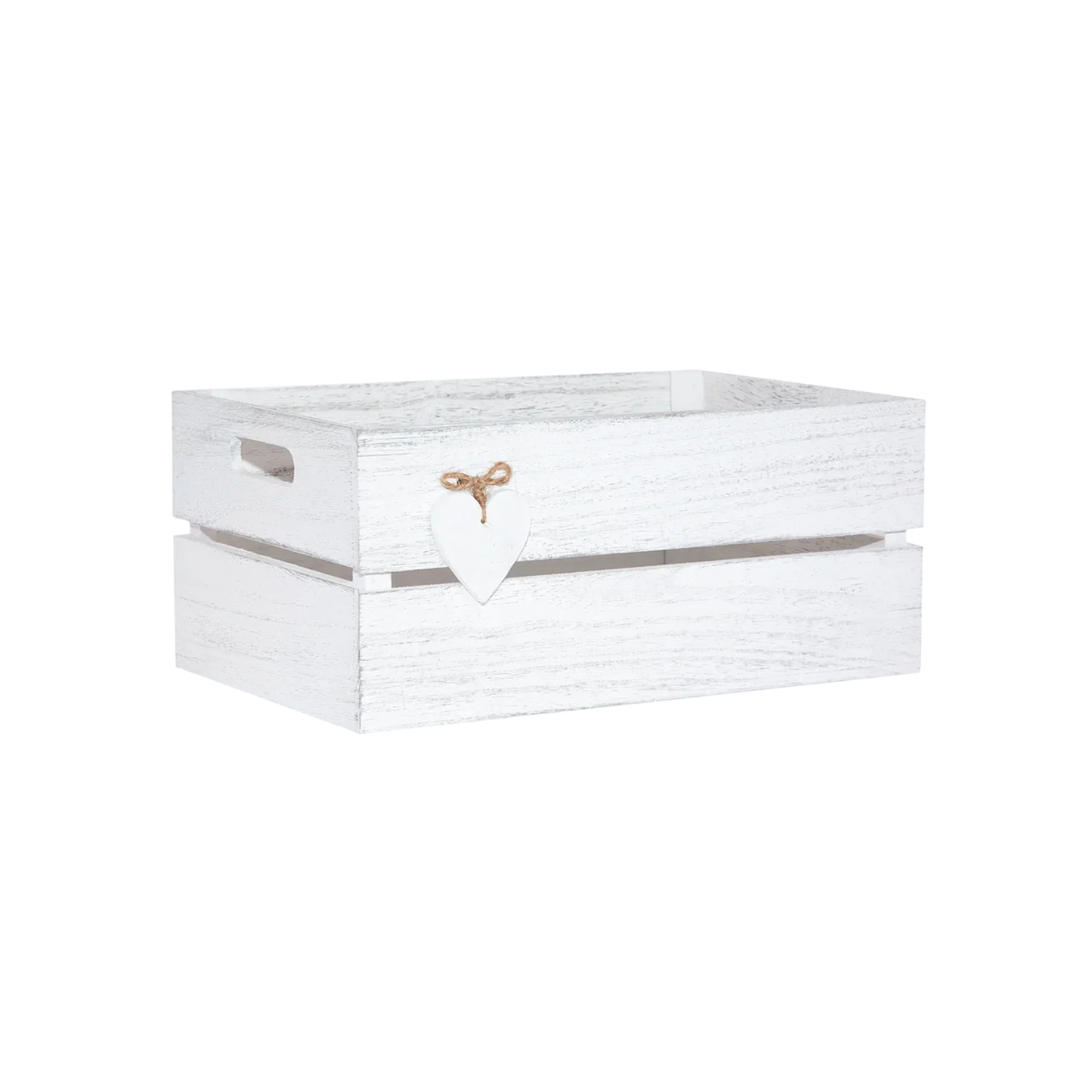 White Wash Wooden Crate with Heart Decoration - 2 Sizes