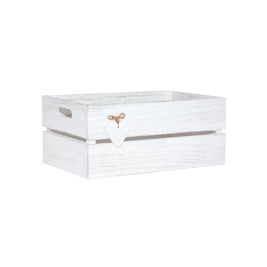 White Wash Wooden Crate with Heart Decoration - 2 Sizes