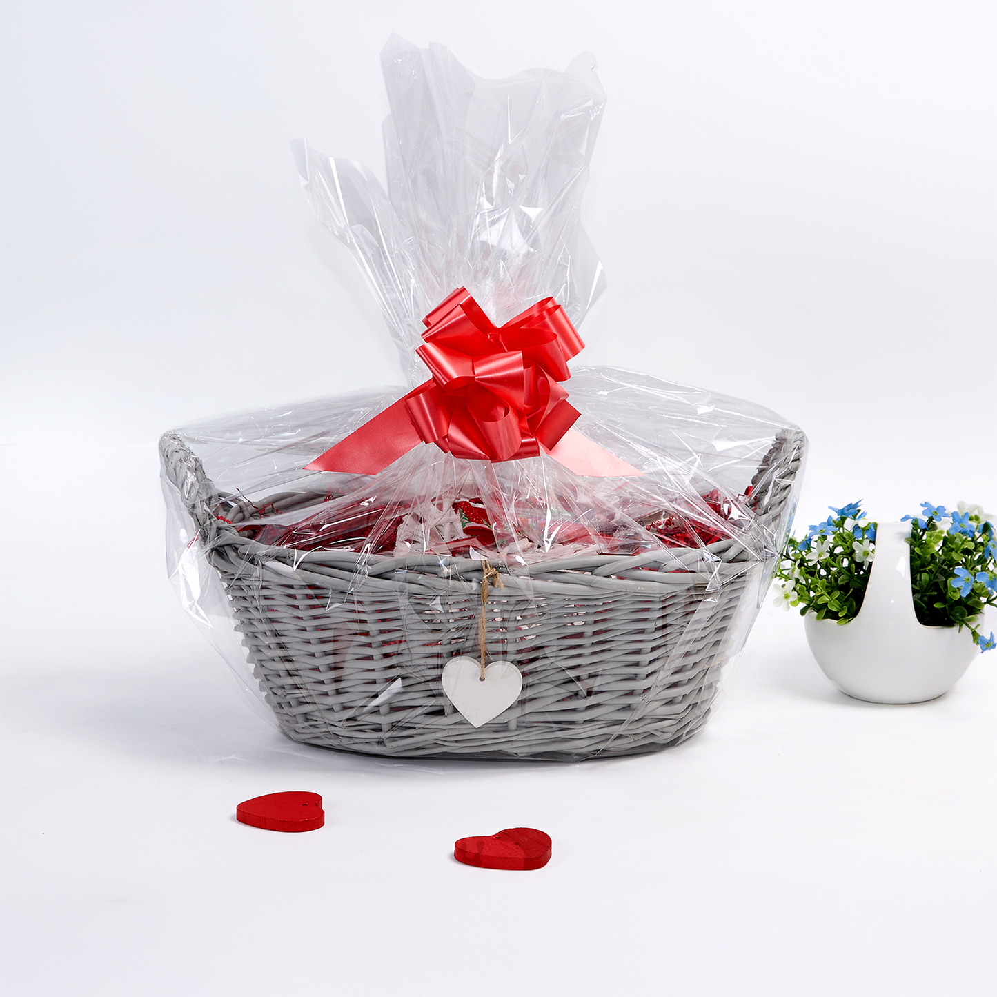 Wicker Gift Packing Basket with Heart Decoration - Grey / White