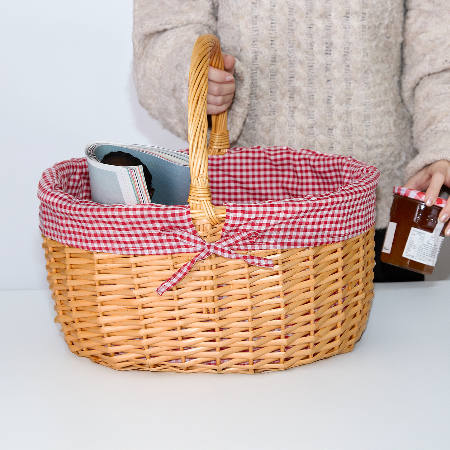 Wicker Gift Shopper Basket with Red & White Checked Lining
