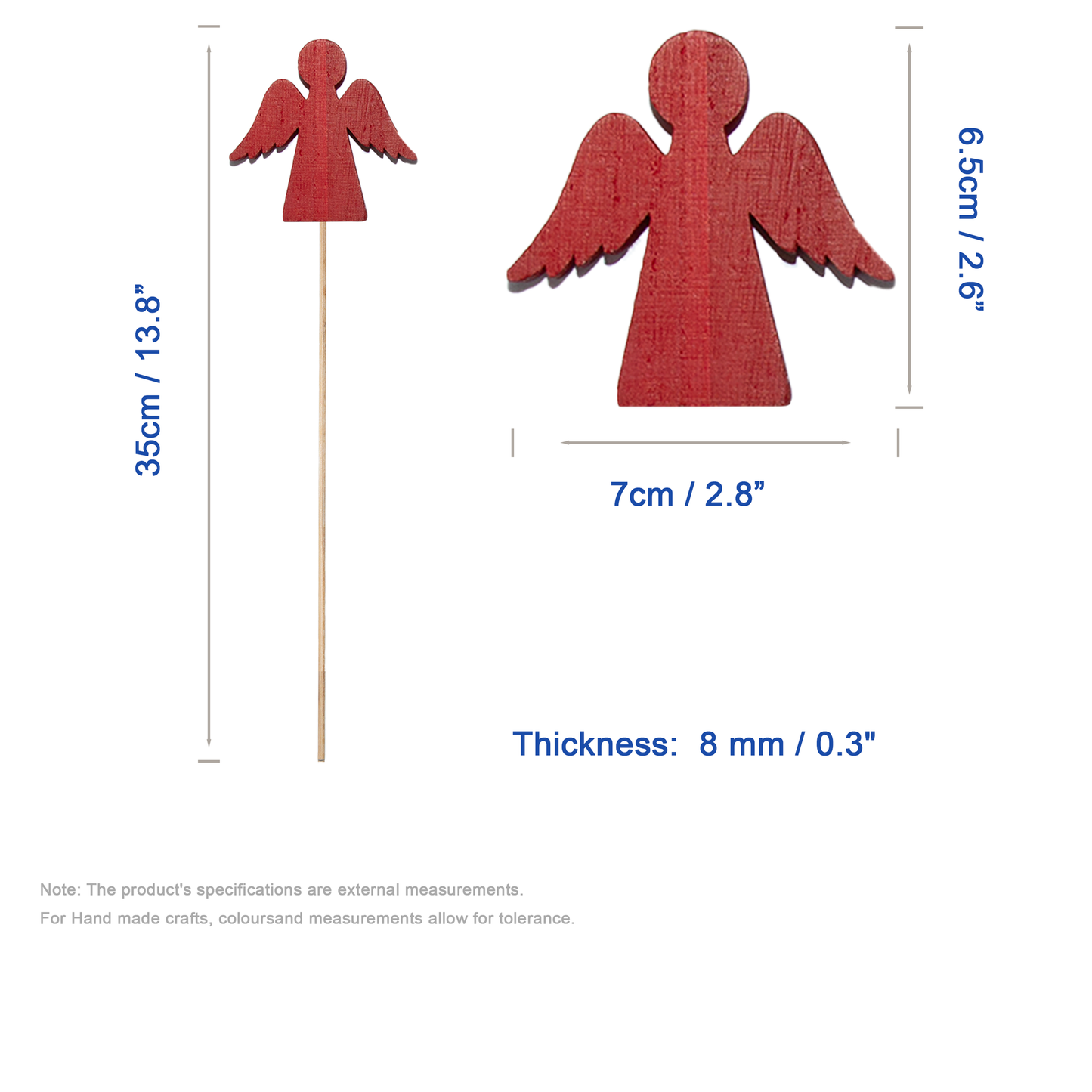 Set 10 Wooden Angel Stick Decorations - Gold / Red / White