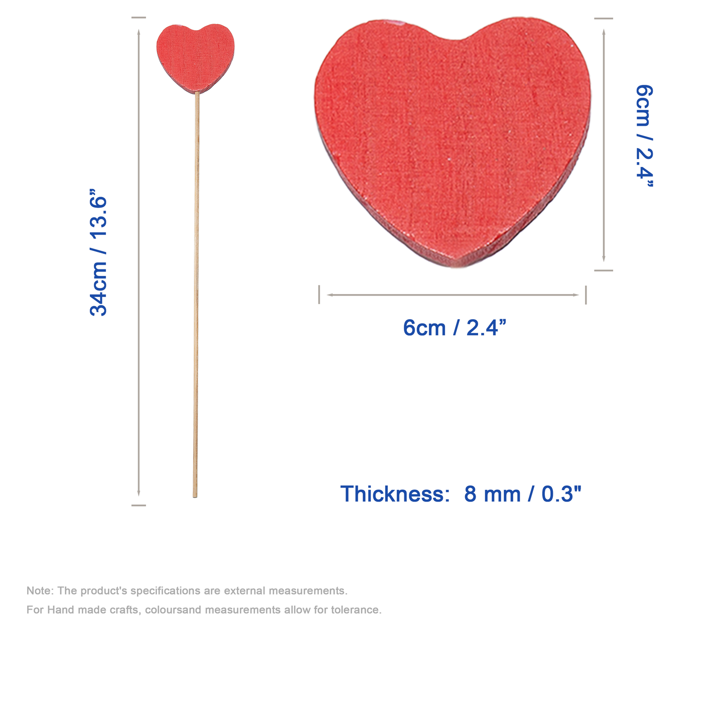 Set 10 Wooden Heart Stick Decorations - Blue / Pink / Purple / Red
