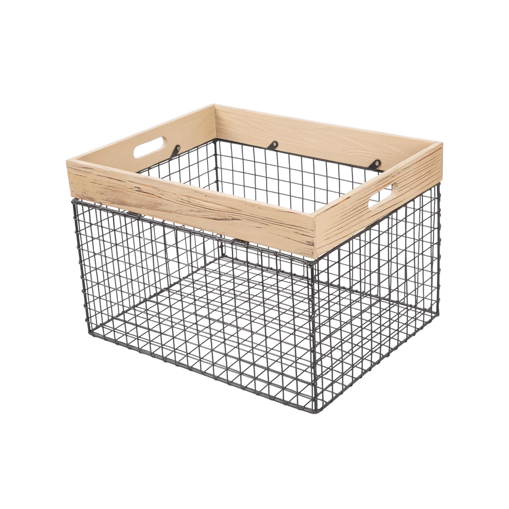 Wooden Top Metal Wire Storage Box with Handle – Wickerfield