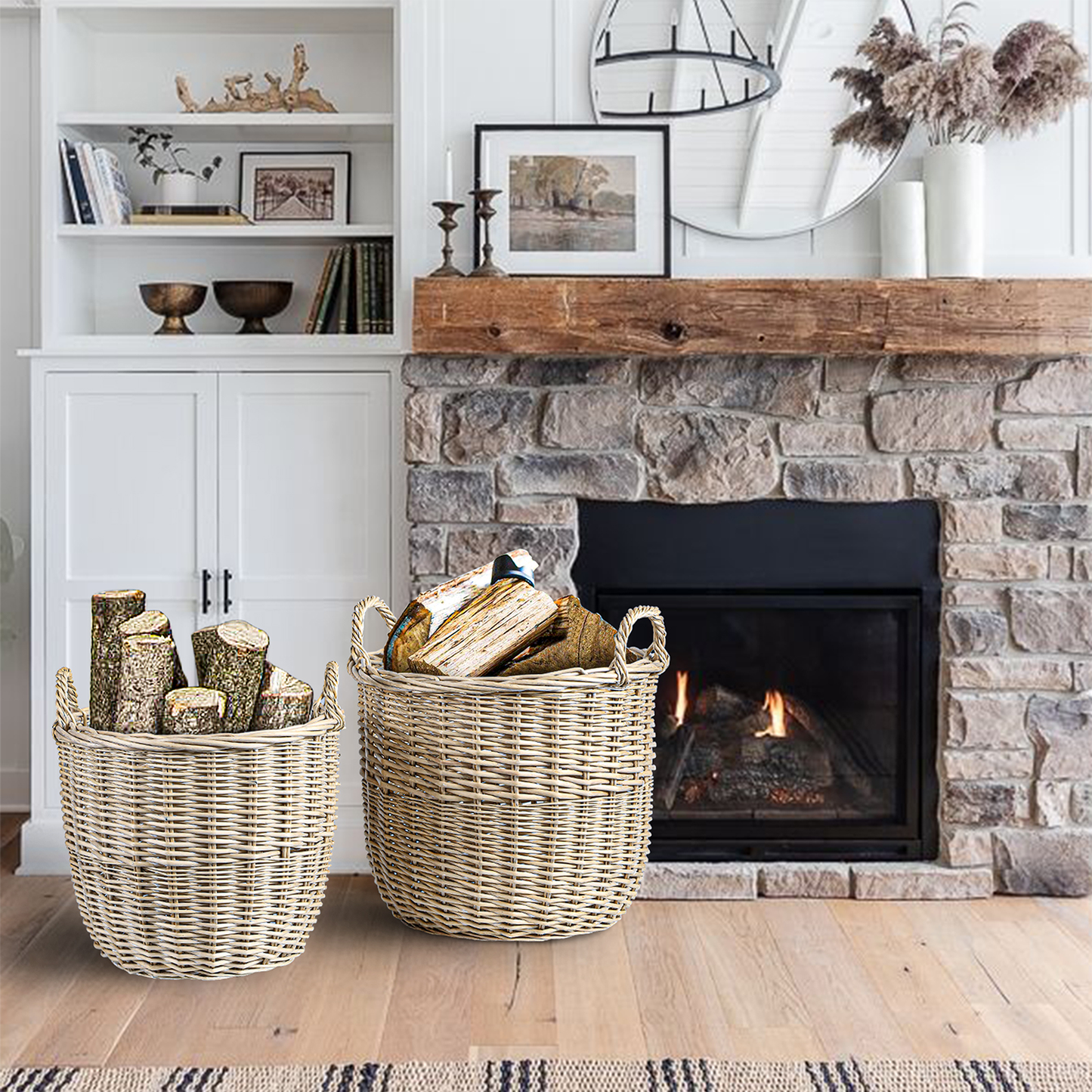 Antique Wash Round Wicker Storage Basket - 2 Sizes