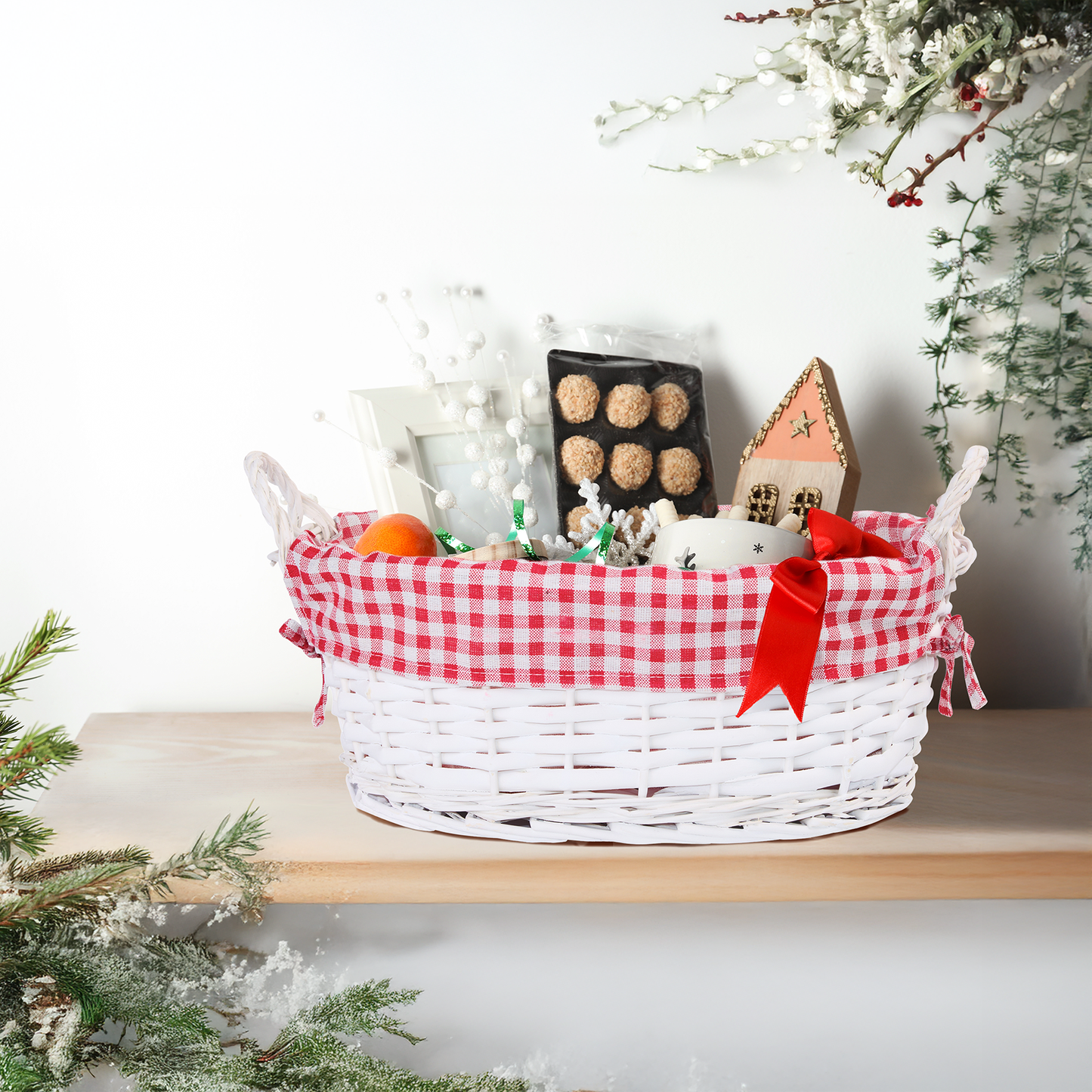 White Oval Wicker Basket with Checked Lining