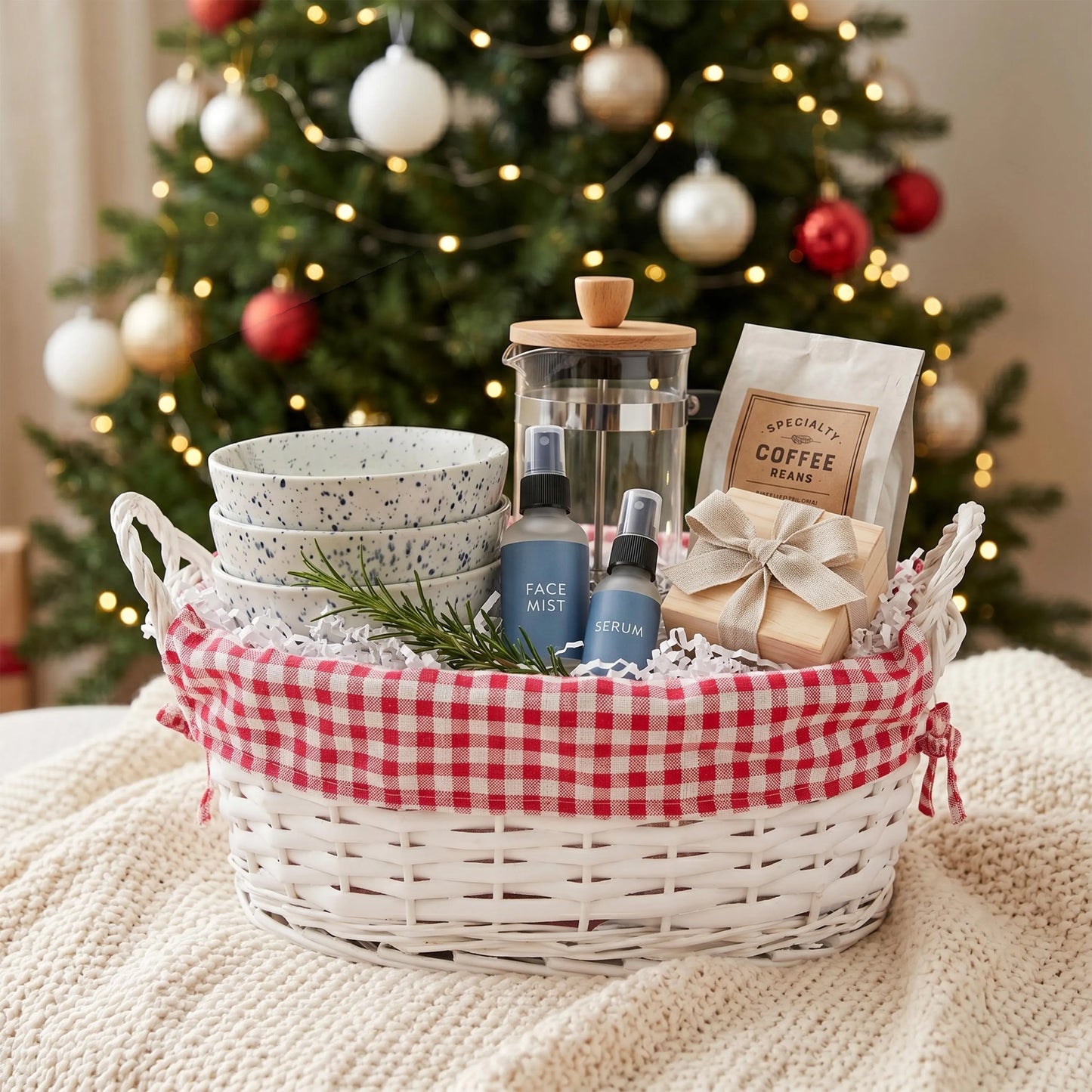 Oval Wicker Basket with Checked Lining