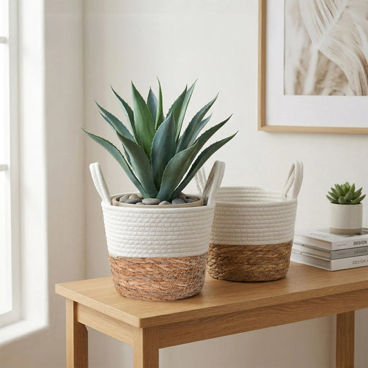 Seagrass & Cotton Rope Woven Basket Planter with Handle- Pack of 2