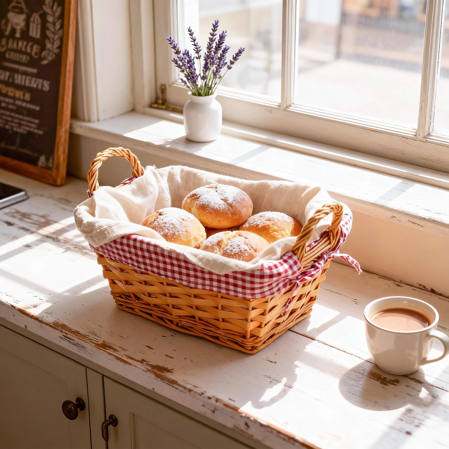 Wicker Bread Basket with Red & White Checked Lining - Pack of 3