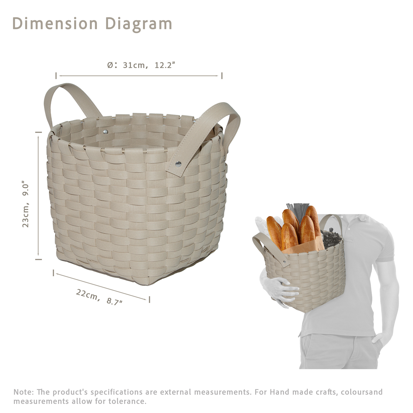 Light Beige Wicker-Style Storage Basket with Handle