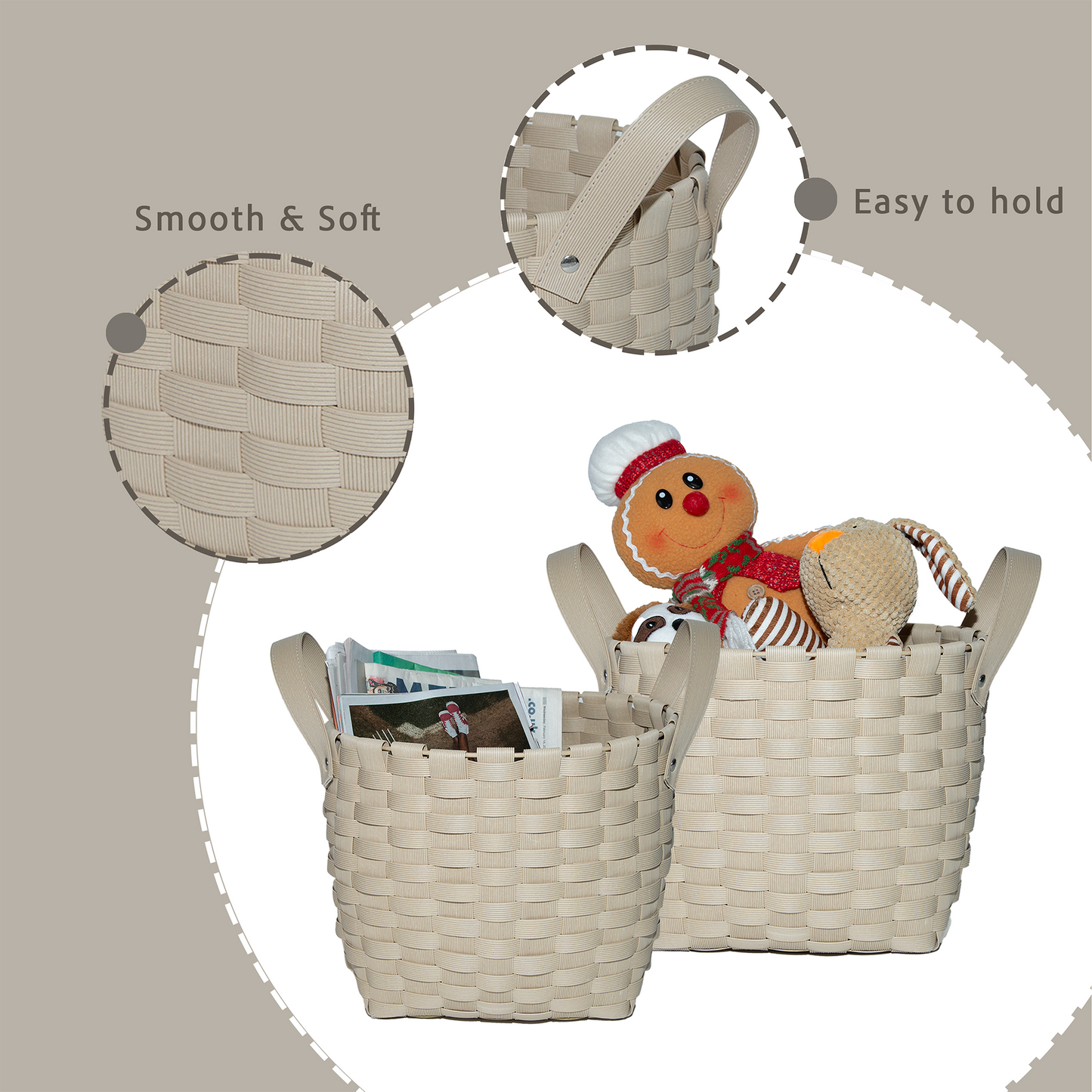 Light Beige Wicker-Style Storage Basket with Handle