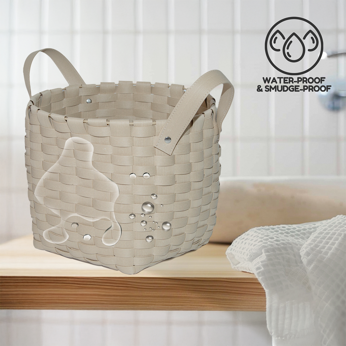 Light Beige Wicker-Style Storage Basket with Handle