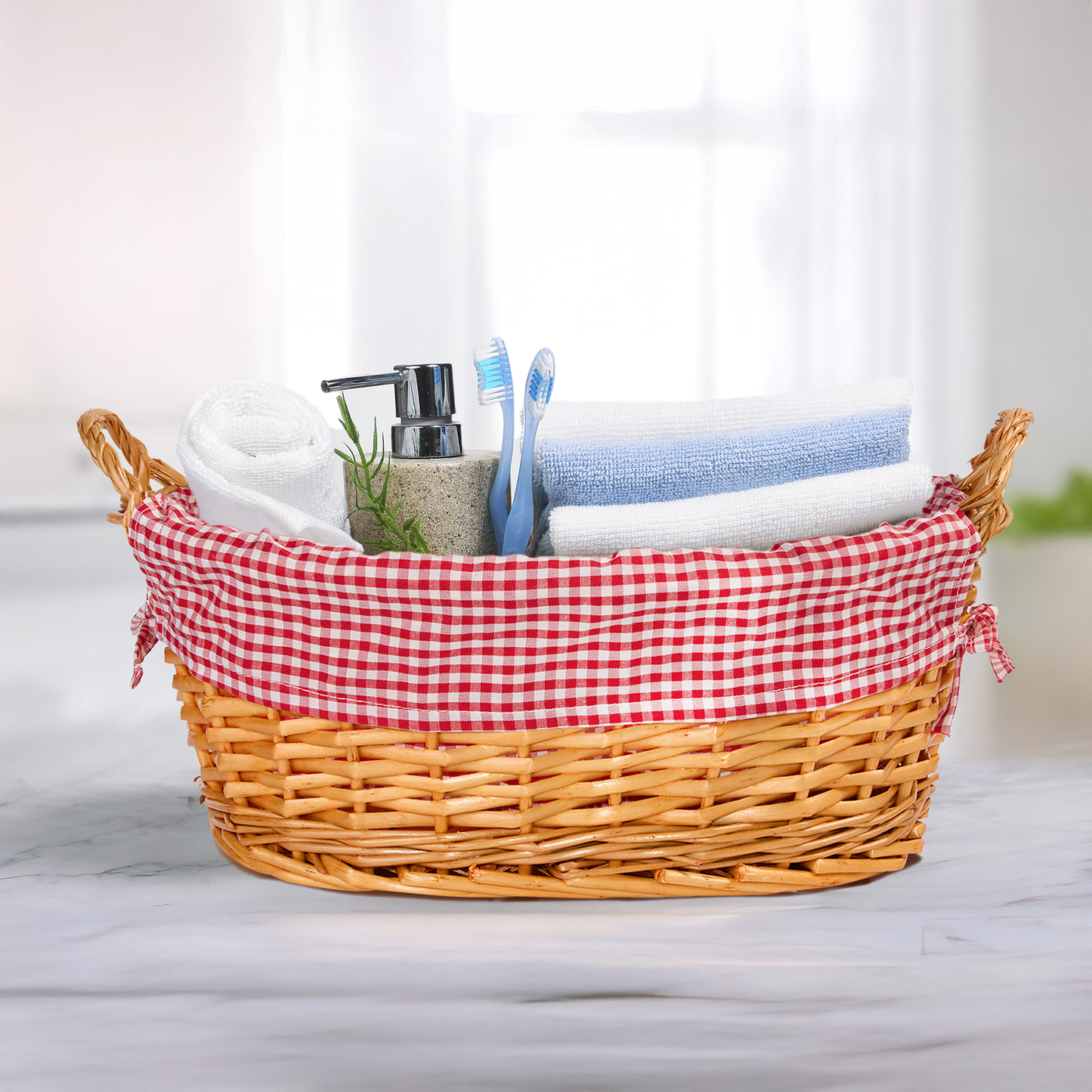 Light Steamed Oval Wicker Basket with Checked Lining