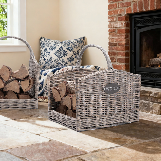 Antique Wash Open Ended Wicker Log Basket