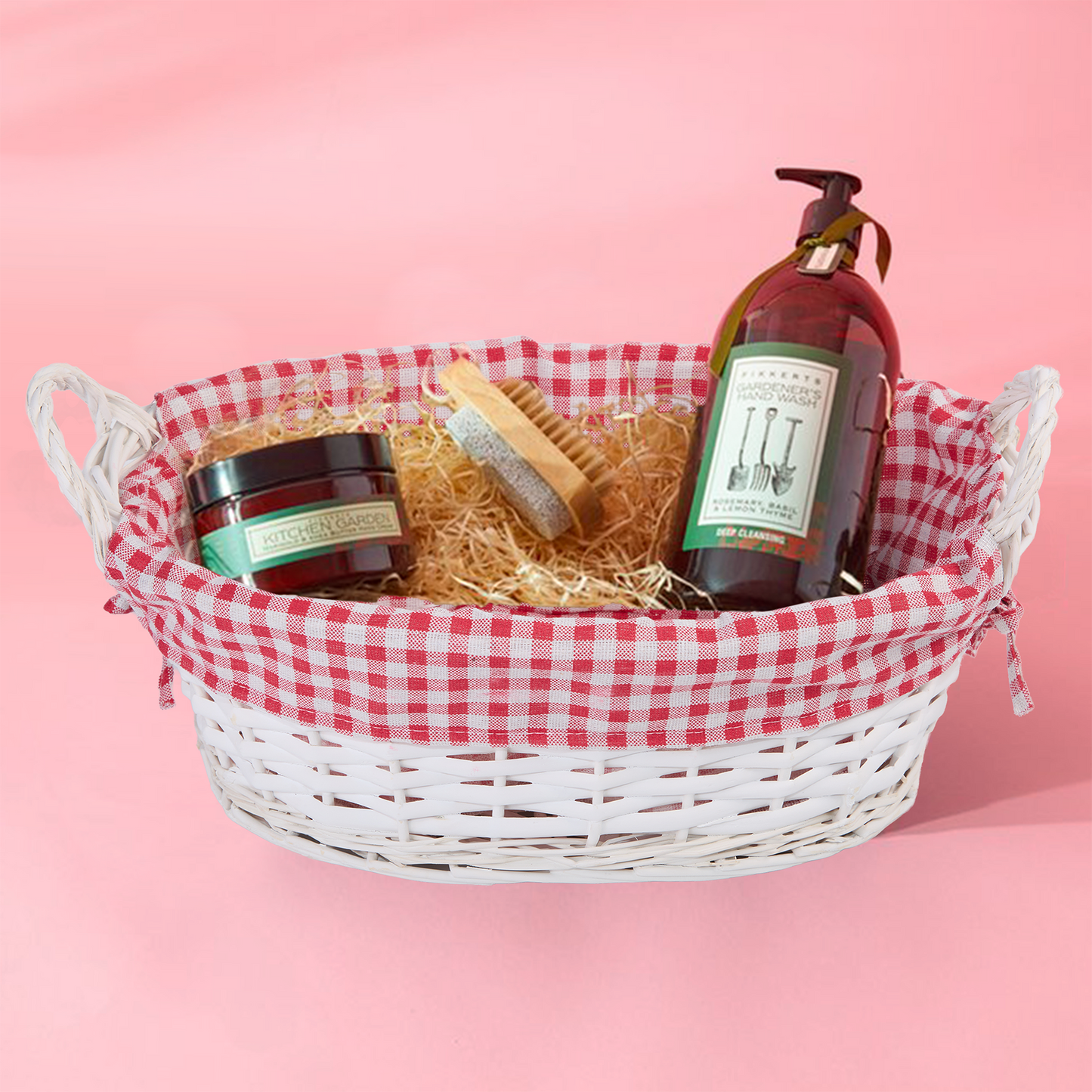 White Oval Wicker Basket with Checked Lining