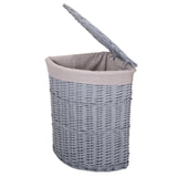 Lidded Grey Wicker Corner Linen Storage Laundry Basket with Cotton Liner