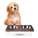 Small Animal Food Feeding Stand Station Stainless Double Raised  Bowls Wooden