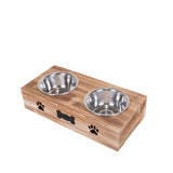 Dog Food Feeding Stand Station Stainless Double Raised  Bowls Wooden Crate