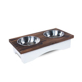 Small Animal Food Feeding Stand Station Stainless Double Raised  Bowls Wooden