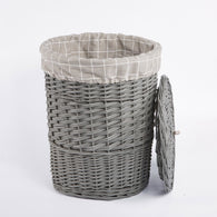 Medium Grey Painted Round Wicker Laundry Basket Cotton Lining With Lid Bathroom