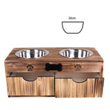 Dog Food Feeding Stand Station Stainless Double Raised  Bowls Wooden Crate