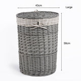 Grey Paint Round Laundry Wicker Basket Cotton Lining With Lid Bathroom Storage