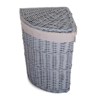 Lidded Grey Wicker Corner Linen Storage Laundry Basket with Cotton Liner