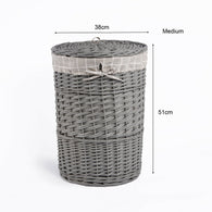 Grey Paint Round Laundry Wicker Basket Cotton Lining With Lid Bathroom Storage