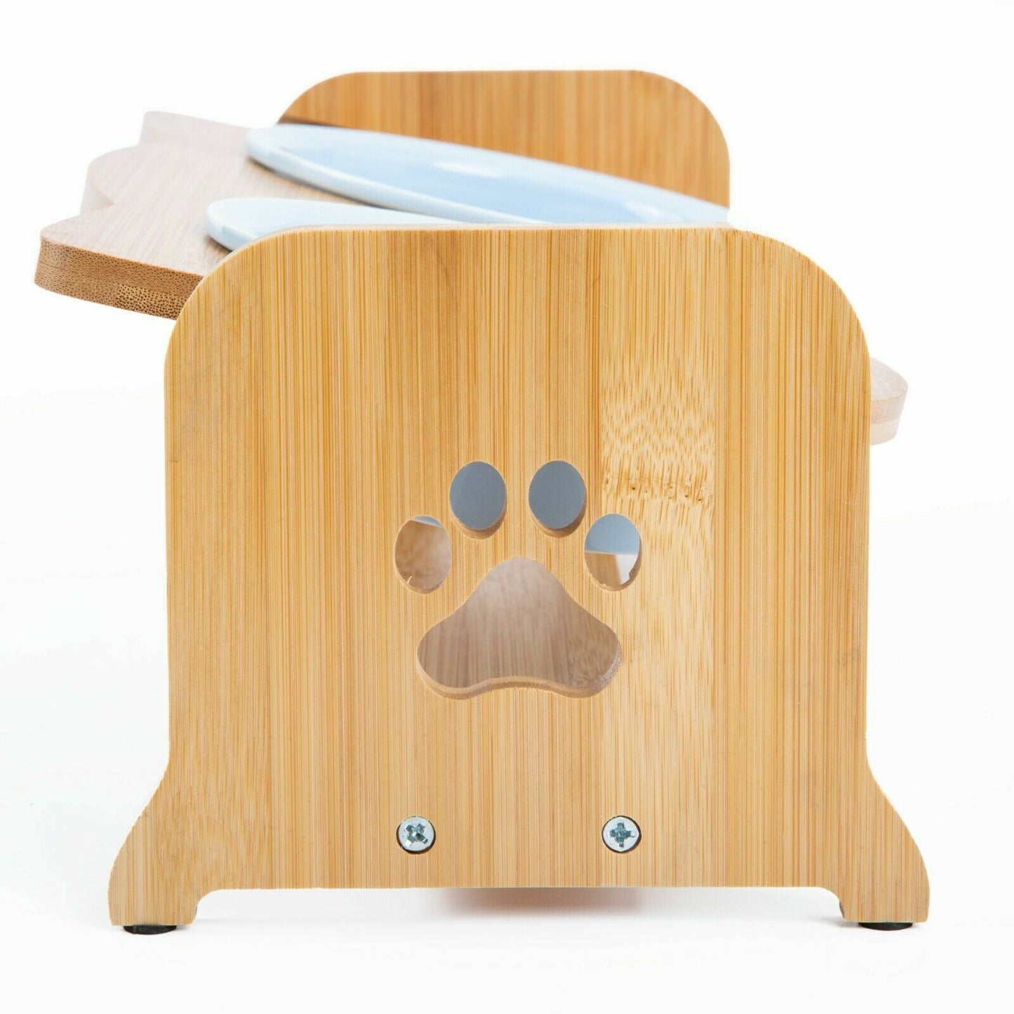 Bamboo Adjustable Feeding Station with Pink Ceramic Bowls